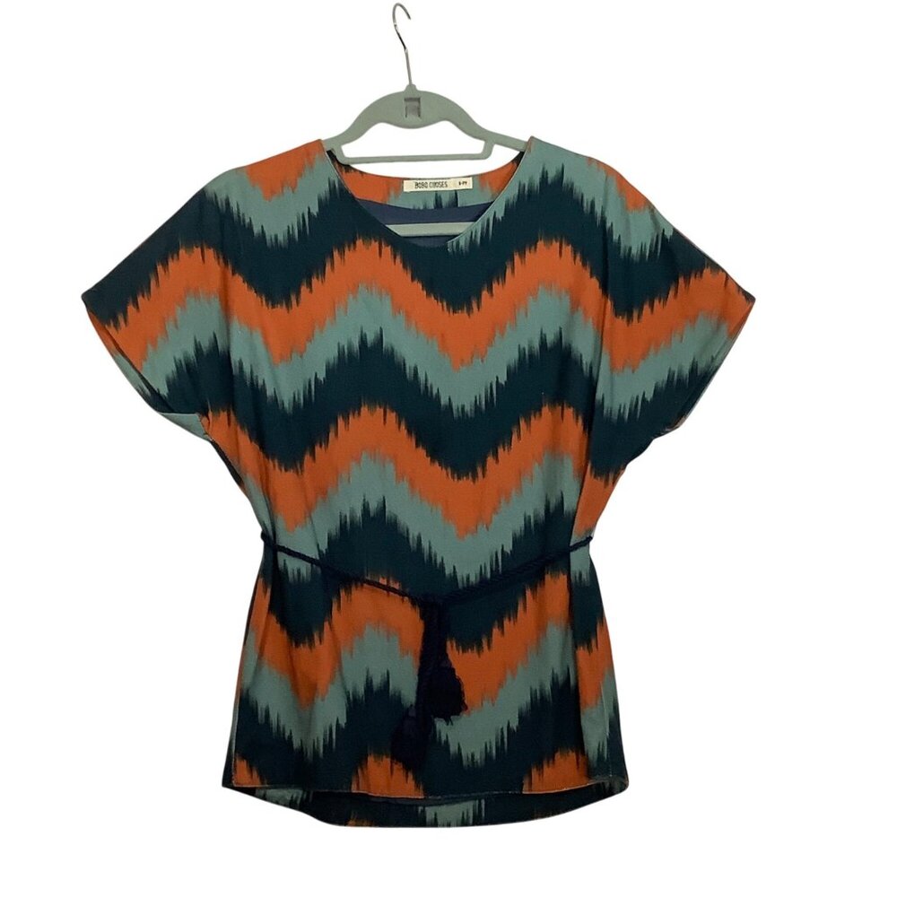 Bobo Choses Kids Chevron Print Belted Short Sleeve Tunic Top 6-7 Years Cotton‎